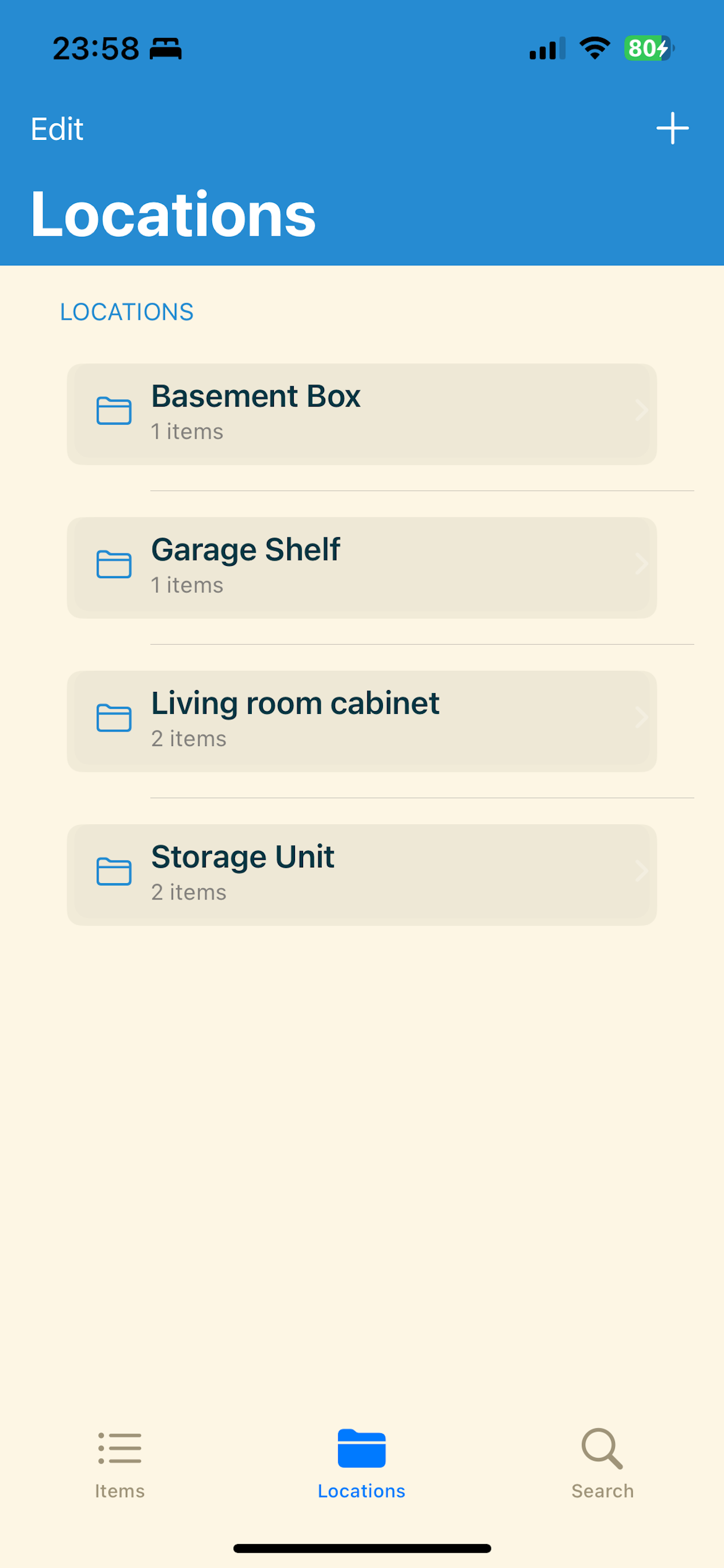 App screenshot showing item tracking
